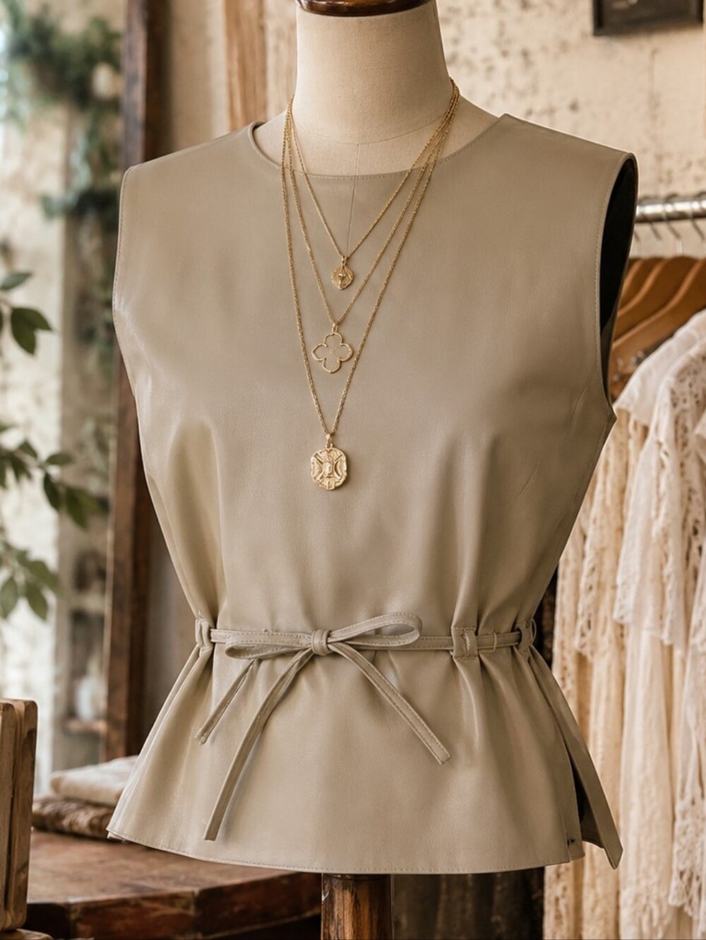 Elegant Guiliana Terso Cream Sleeveless  Soft Leather Top